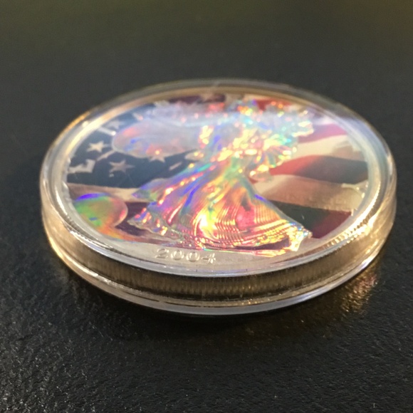 2004 $1 American Silver Eagle with American Flag BACK GROUND=WE LIKE OFFERS= - Picture 2 of 3